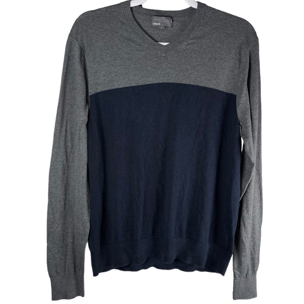Vince Two-Tone V-Neck Sweater in Gray and Navy
